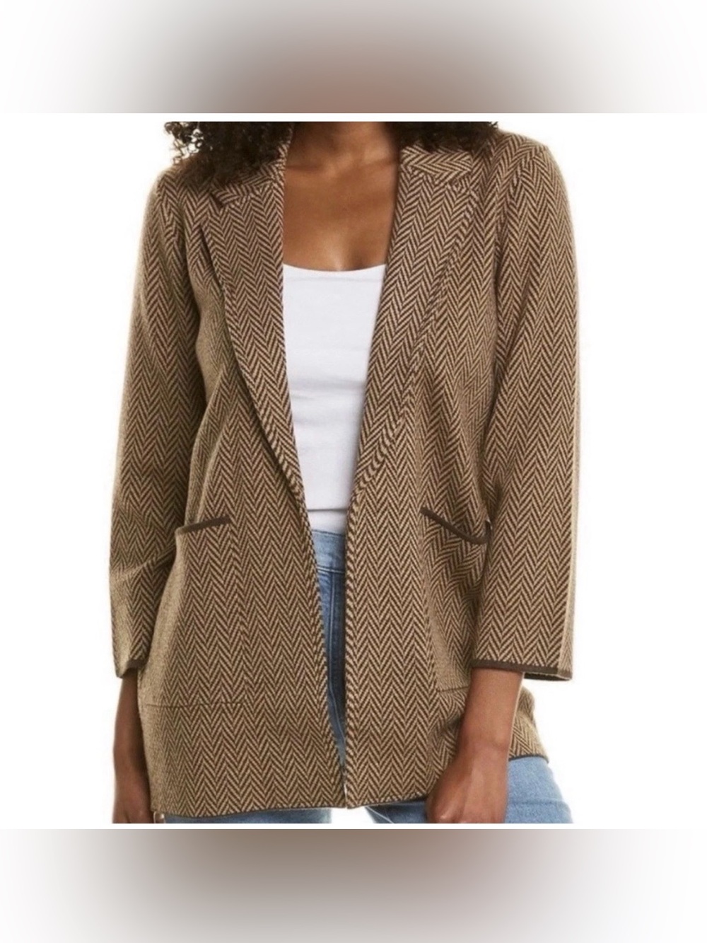 J. Crew Sophie Chevron Sweater Open Front Wool Blend Tan Brown Cardigan Size S